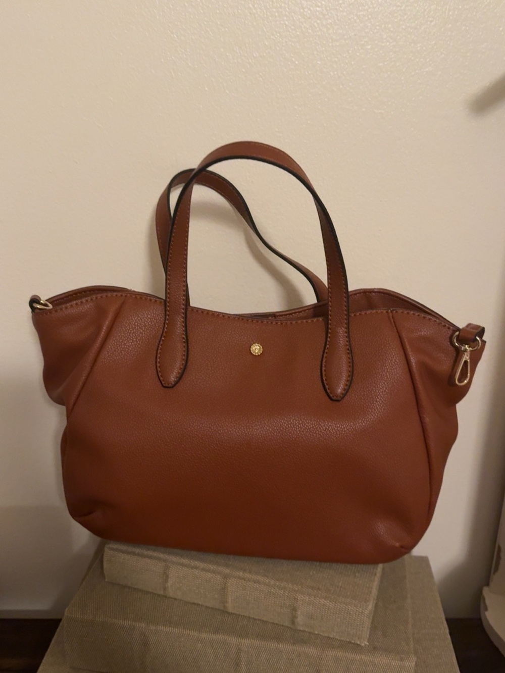LC Lauren Conrad Cognac Pebbled Shoulder Tote with Gold Accent
